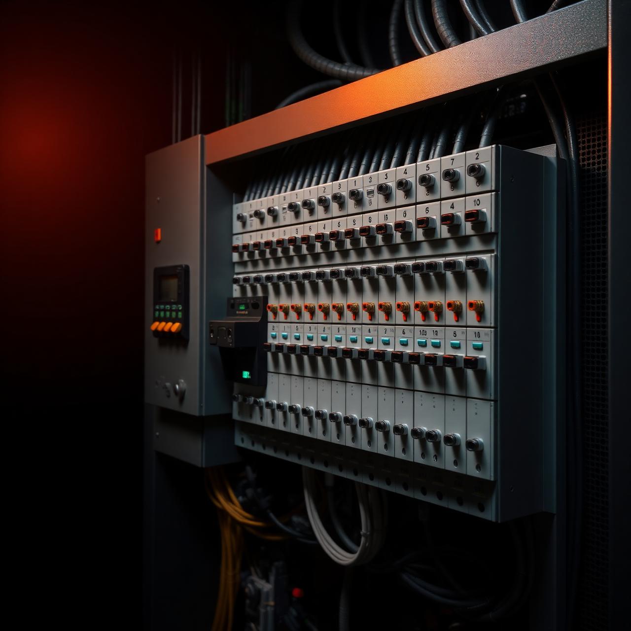 Industrial control panel with circuit breakers and routed cabling